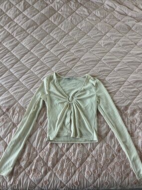 Ribbed Twist-Front Long Sleeve Top - Cream
